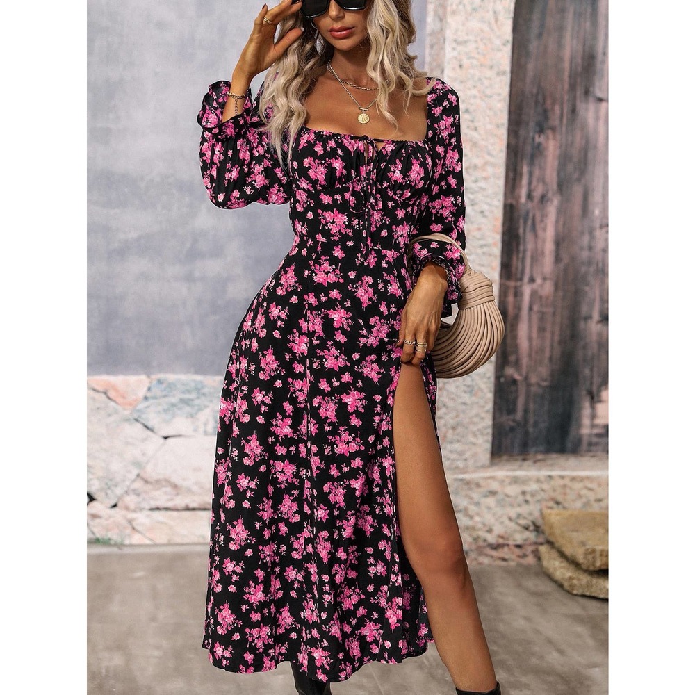 Black yellow Floral Print Flounce long Sleeve Knotted Split Thigh midi Dress - Picture 8 of 11